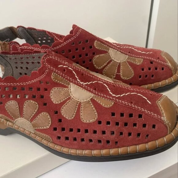 RIEKER Antistress Red Brown Suede Floral sling back Comfort shoes sz 38 8 - Picture 1 of 6